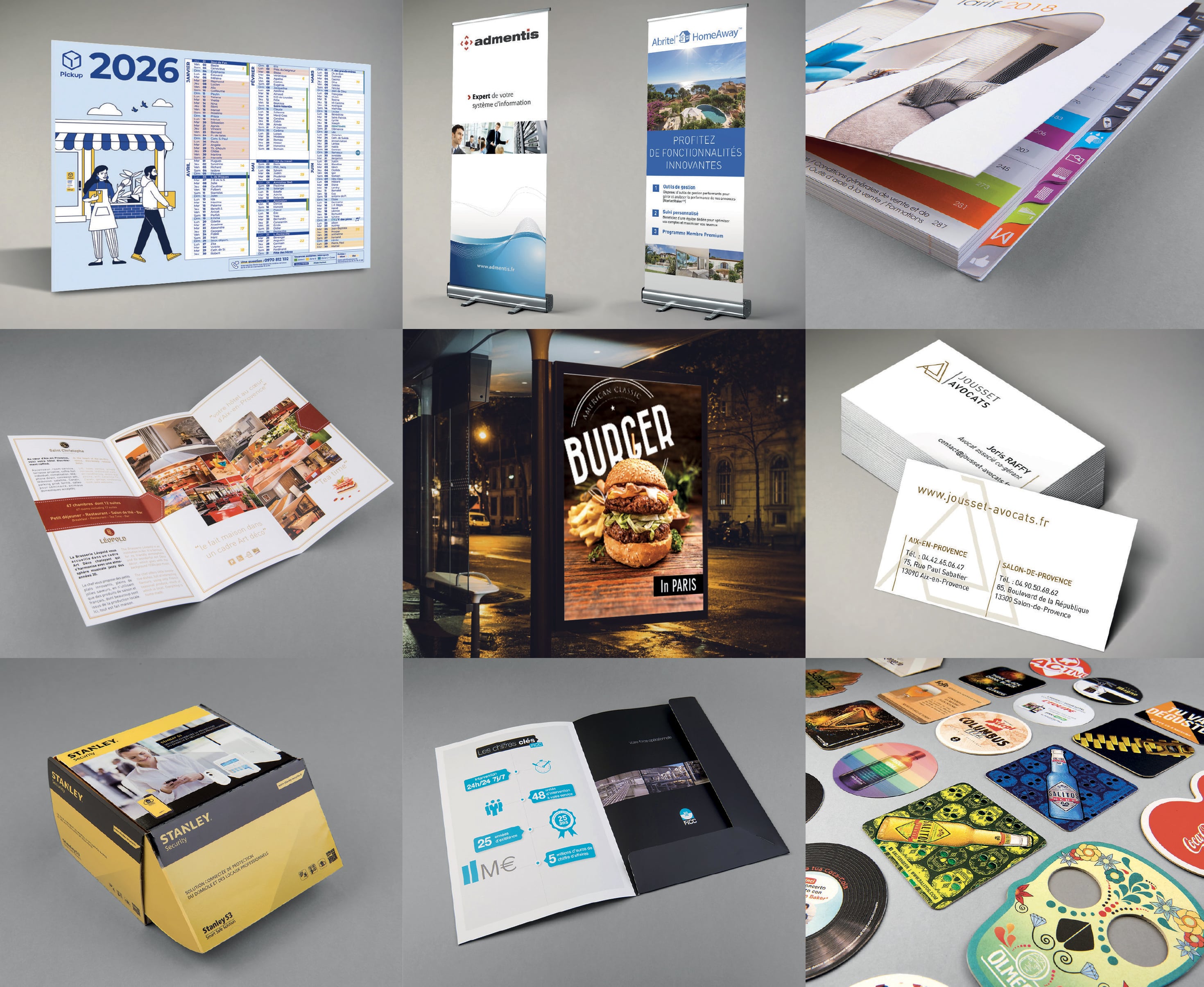 Sélection de réalisations Signum : calendriers, kakémonos, brochures, packaging et cartes de visite